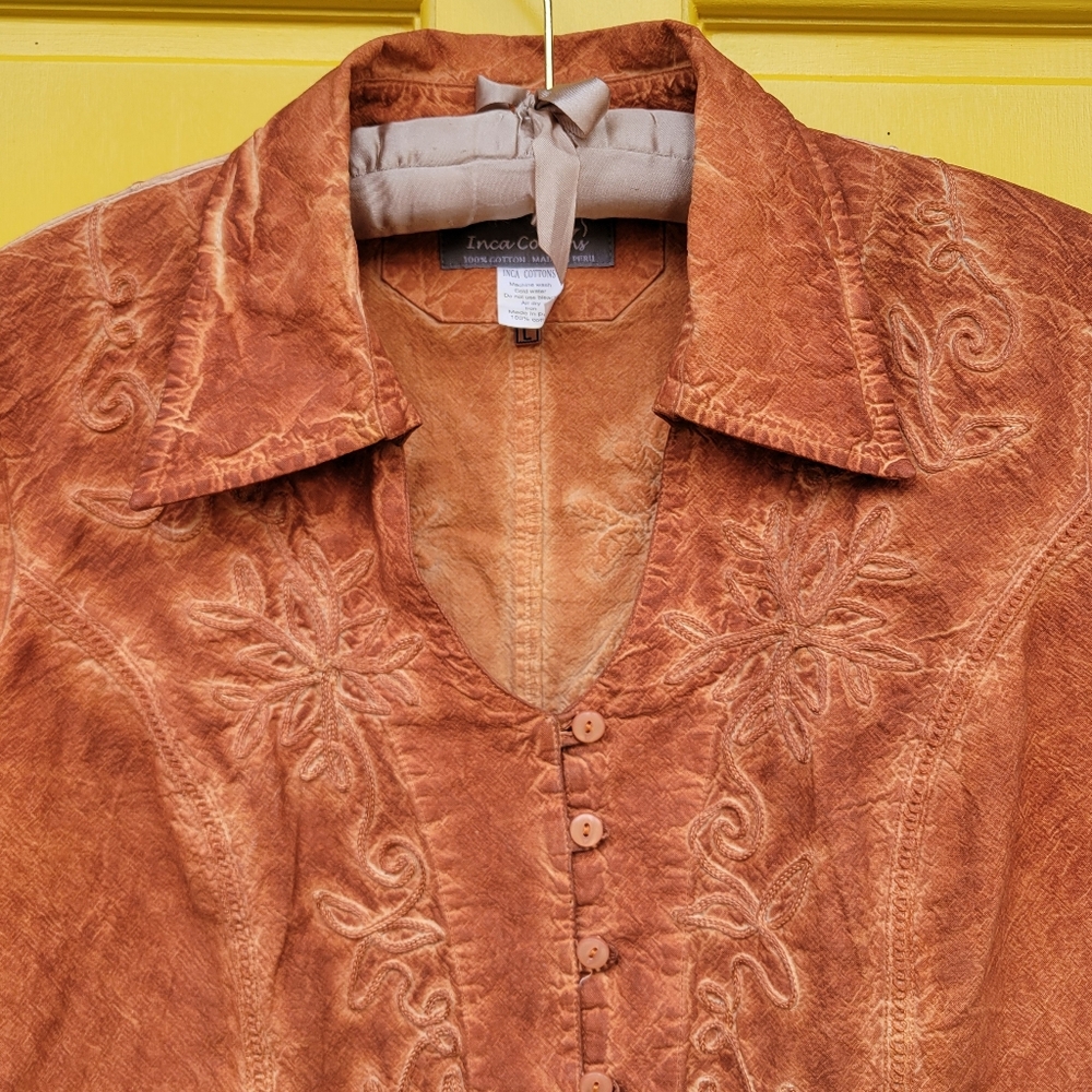 Inca Cottons Peruvian Embroidered Cotton Blouse L Boho Western Cottagecore - Picture 3 of 11